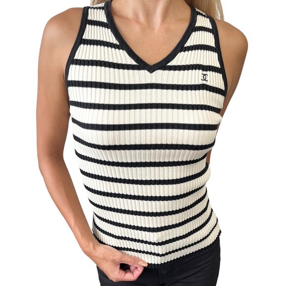 CHANEL Vintage 98P CC Mark Logo Striped Knit Tank Top #38 Cream Black [106483] - Picture 1 of 11